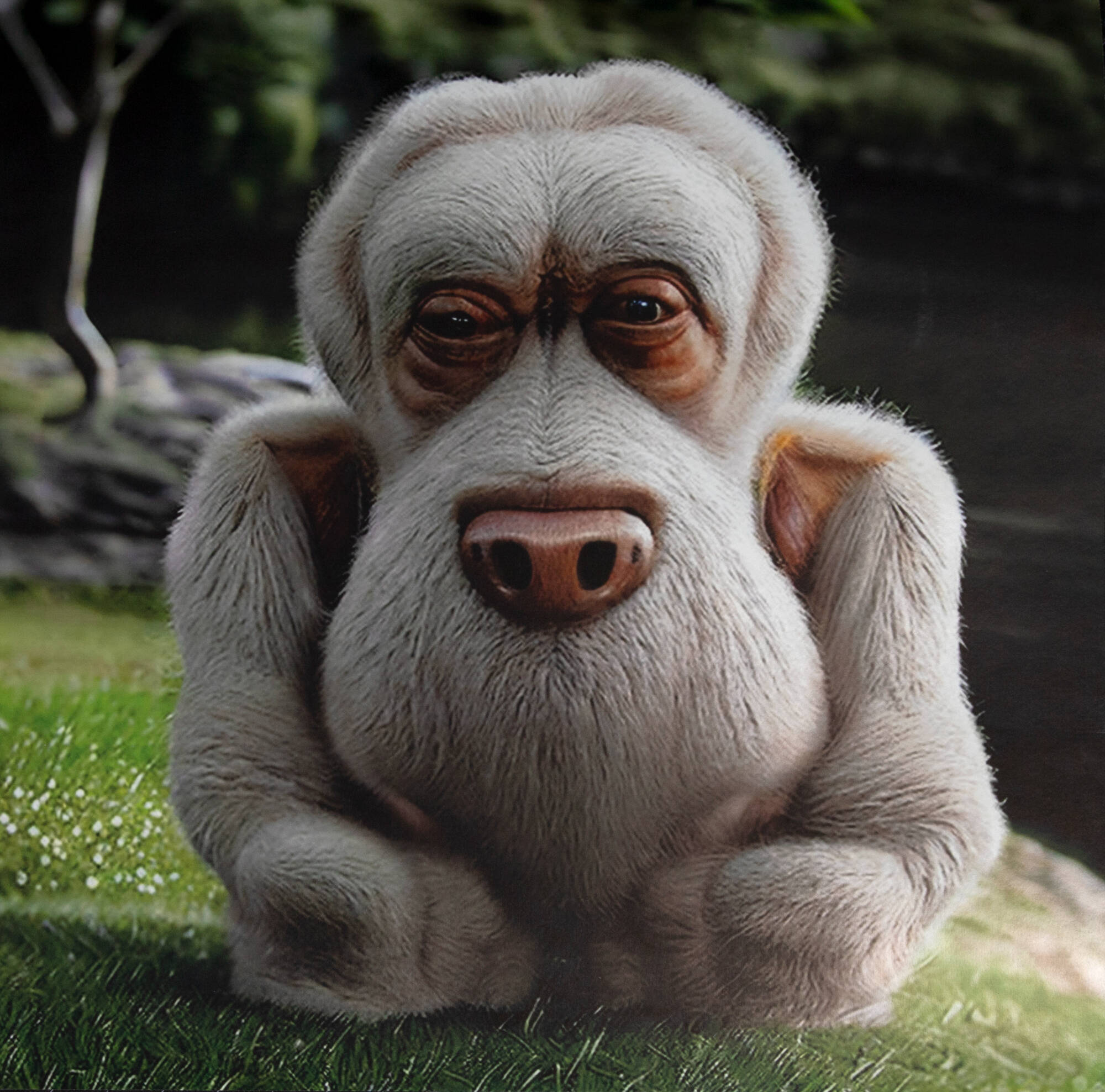 AI Generated image of a mythical furry creature that resembles a combination of a gorilla and a sloth.